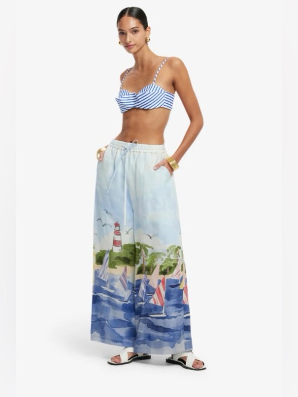LEO LIN Jamie Nautical Hand-drawn Print Drawstring Sweatpants 100% Silk NWOT - Picture 4 of 6